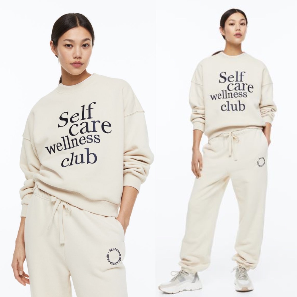 H&M Cream 'Self Care Wellness Club' Graphic Sweatshirt